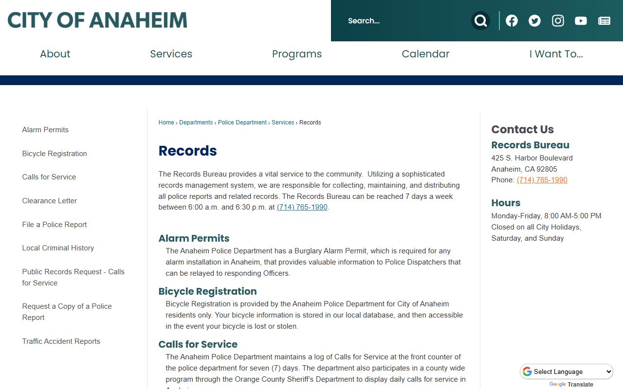 Anaheim Police Department Records Bureau information page