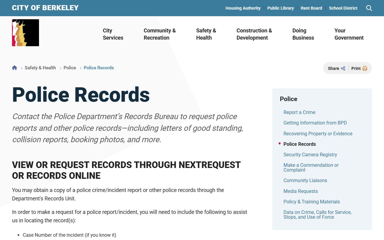 Berkeley Police Department police records request information page