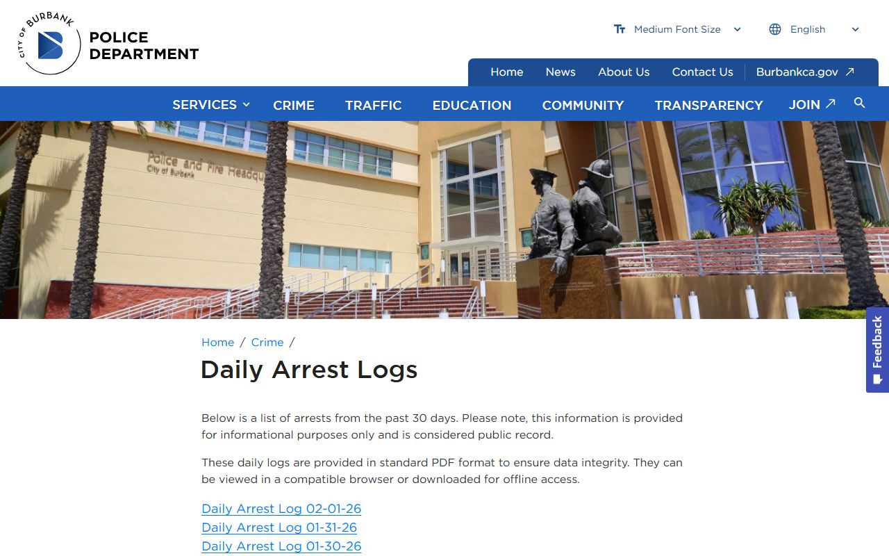 Burbank Police Department daily arrest logs webpage