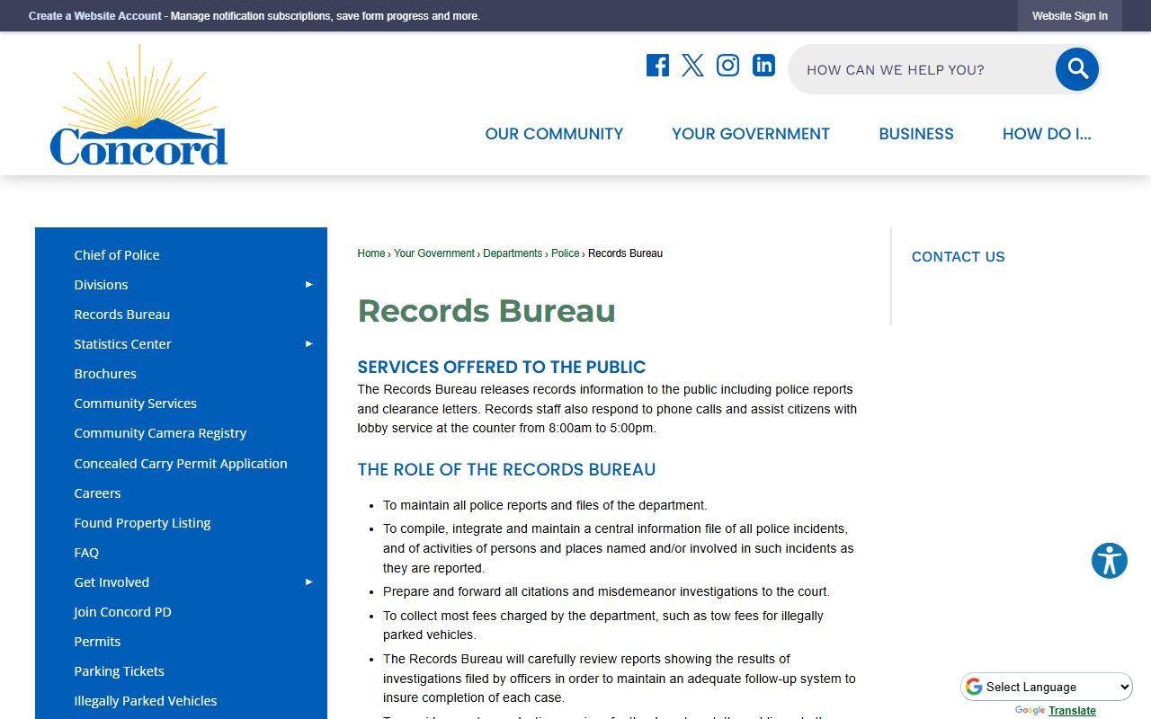 Concord Police Department Records Bureau information