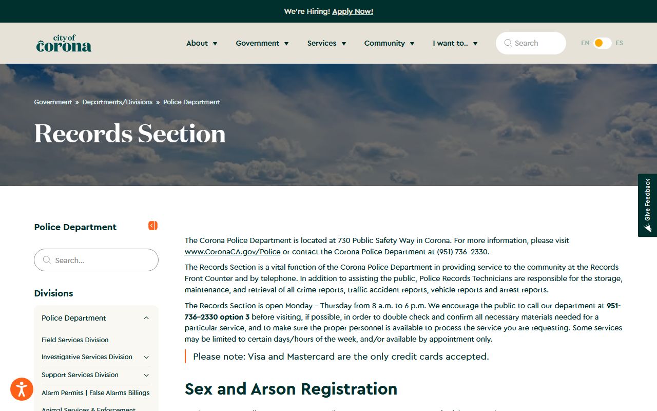 Corona Police Department Records Section information page