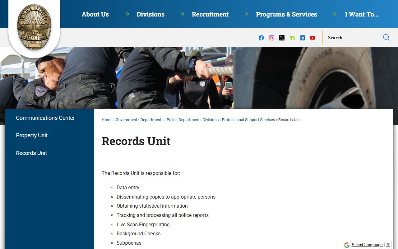Fontana Police Department Records Unit information page