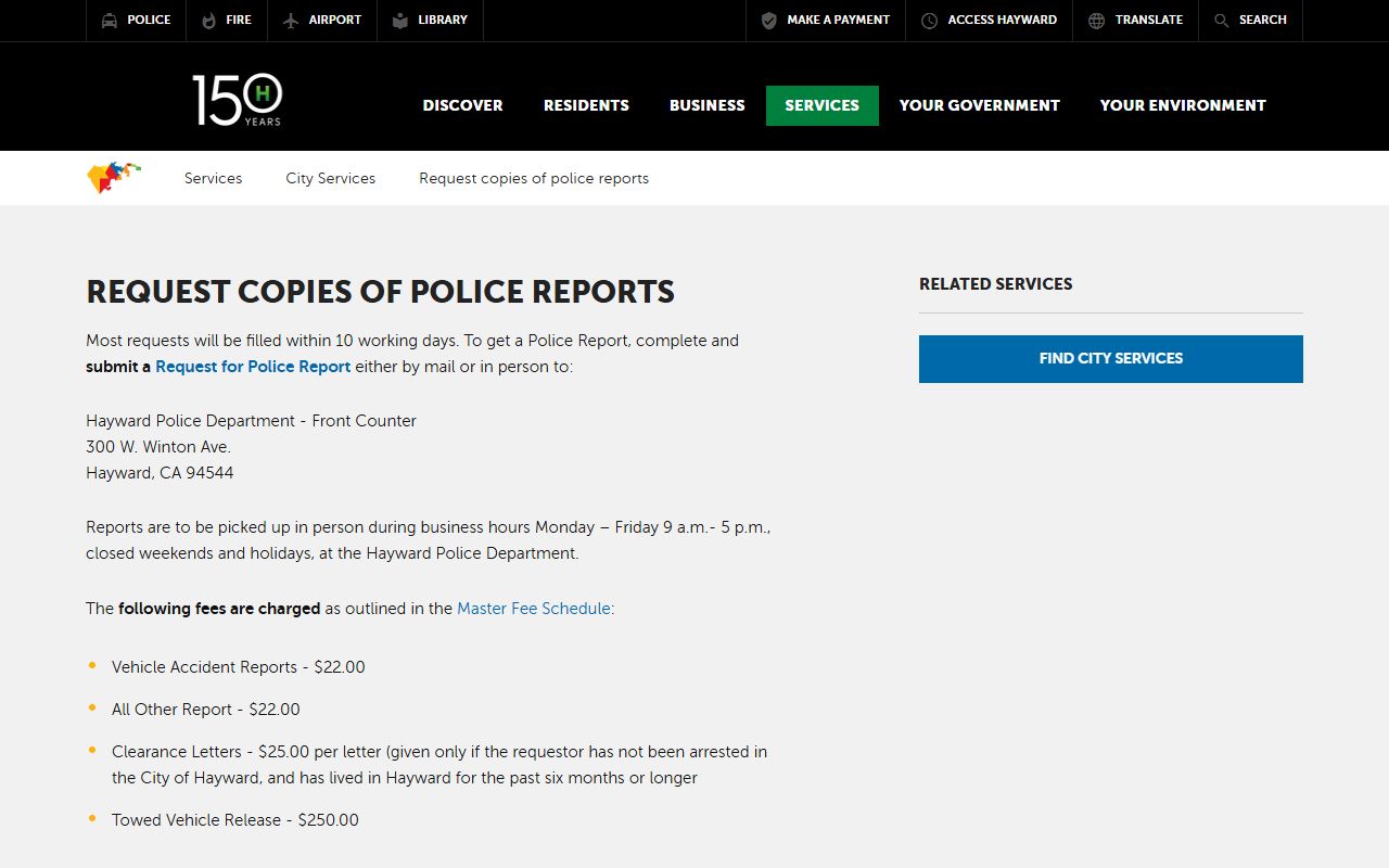 Hayward Police Department records request page for police reports and arrest documents
