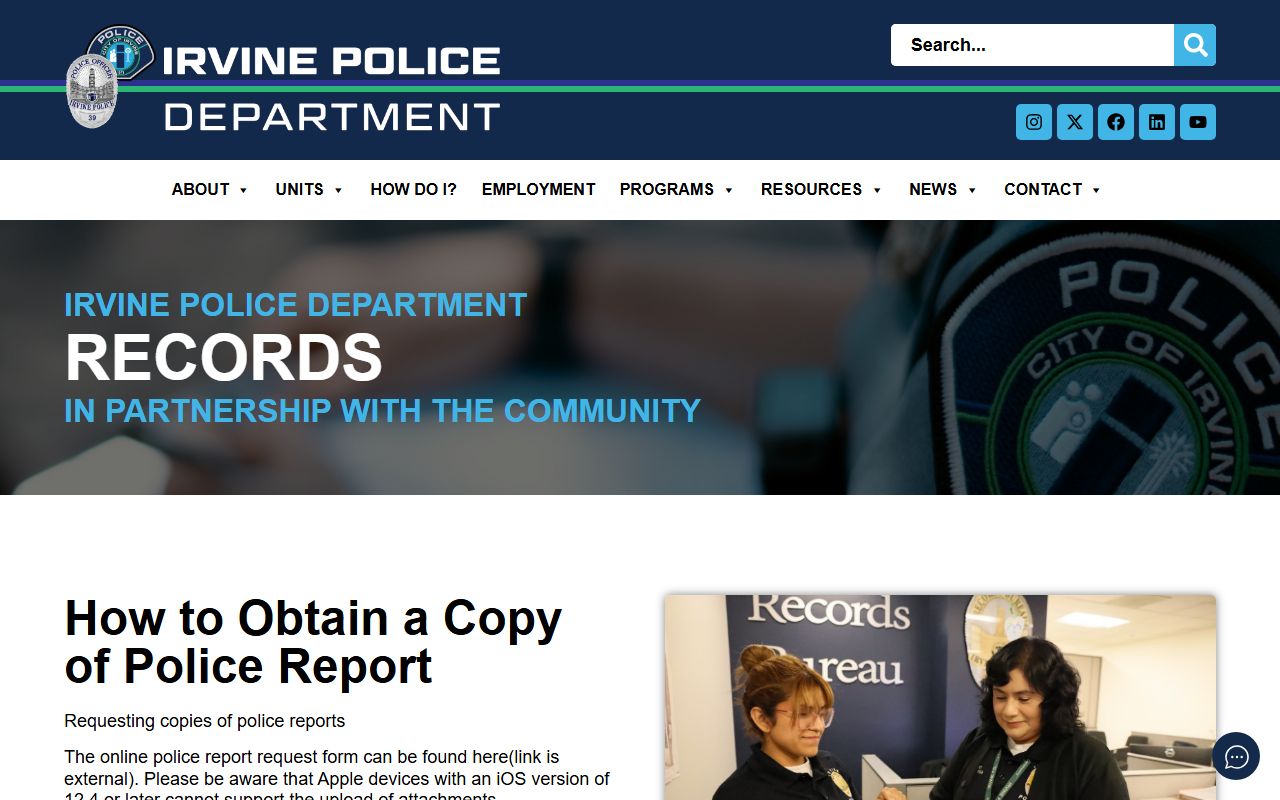 Irvine Police Department records request page for free police reports and documents