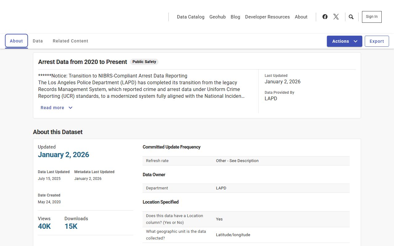 Los Angeles open data portal showing arrest data from 2020 to present with search filters