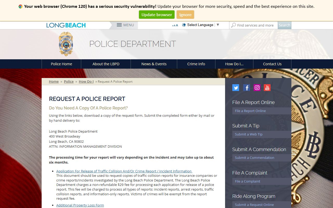 Long Beach Police Department records request page for police reports and arrest documents