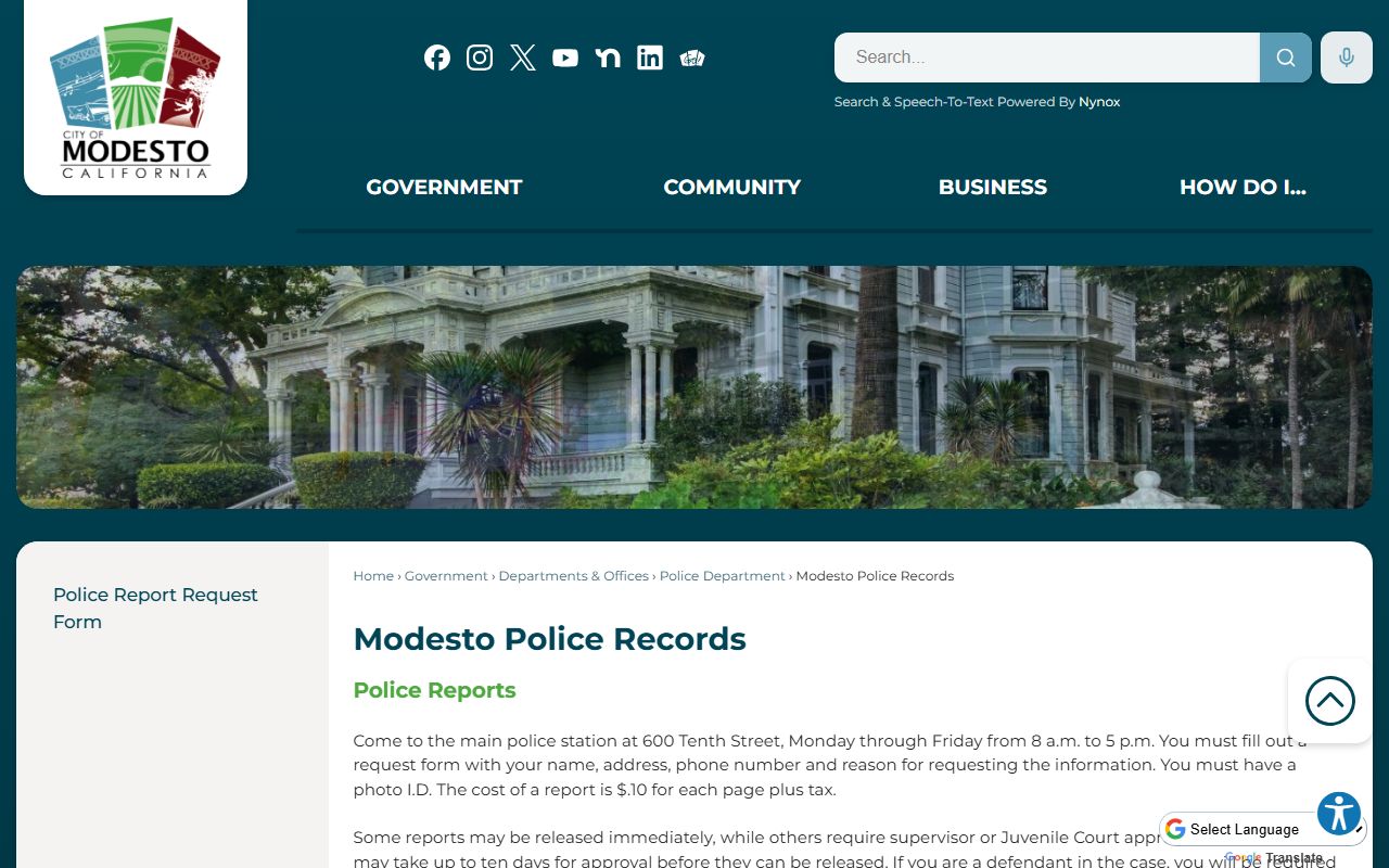 Modesto Police Department records page for requesting police reports and documents