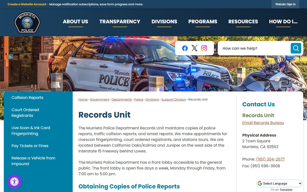 Murrieta Police Department records unit page for police reports and documents