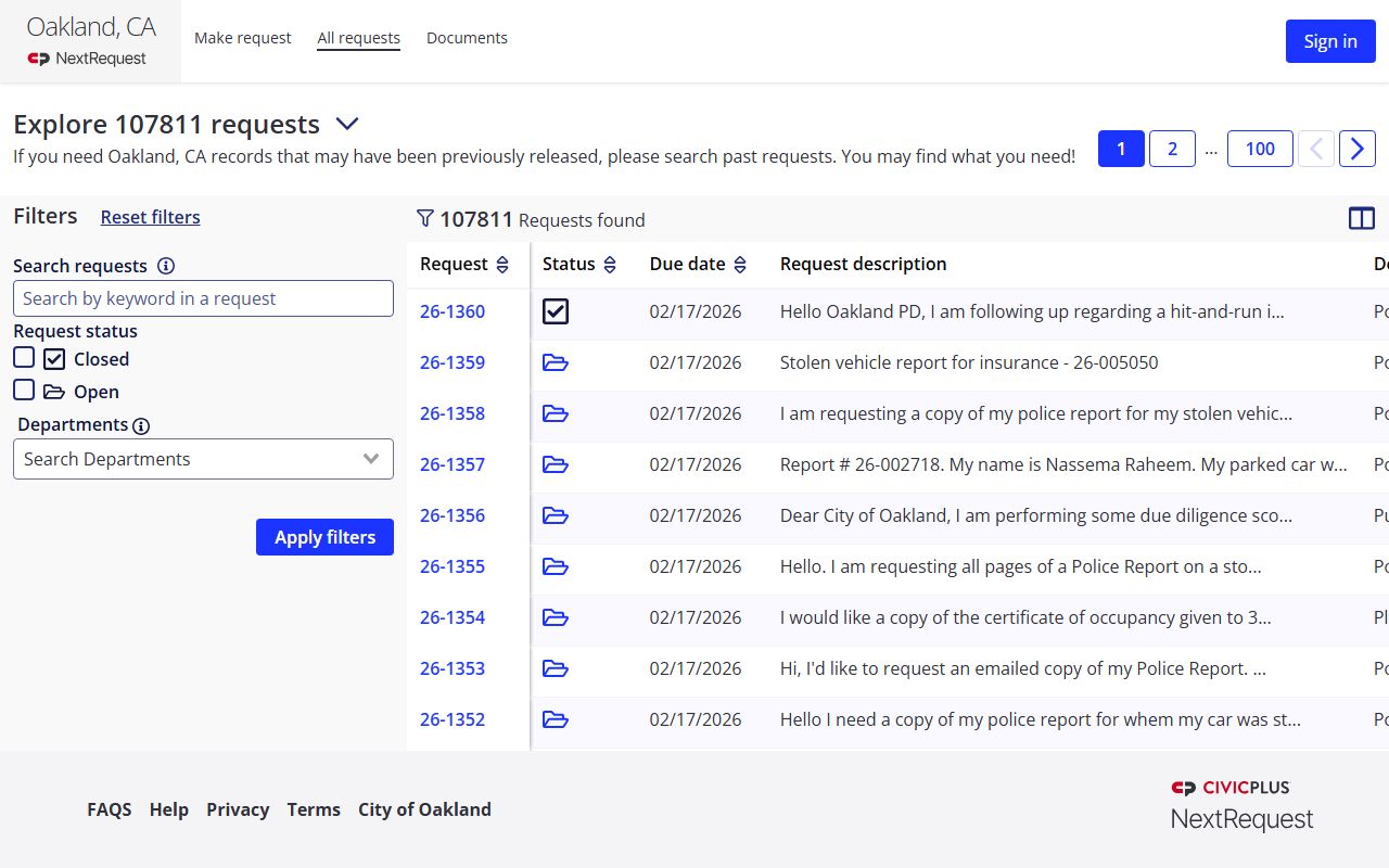 Oakland Police Department NextRequest portal for public records requests and tracking