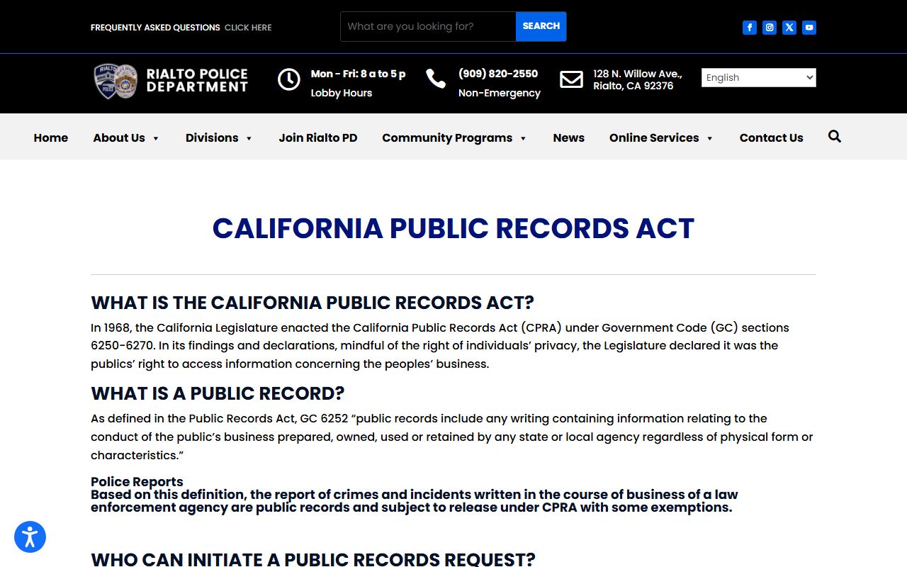 Rialto Police Department California Public Records Act page for requesting police reports