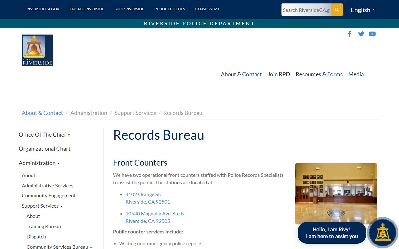 Riverside Police Department records bureau page for requesting police reports and documents
