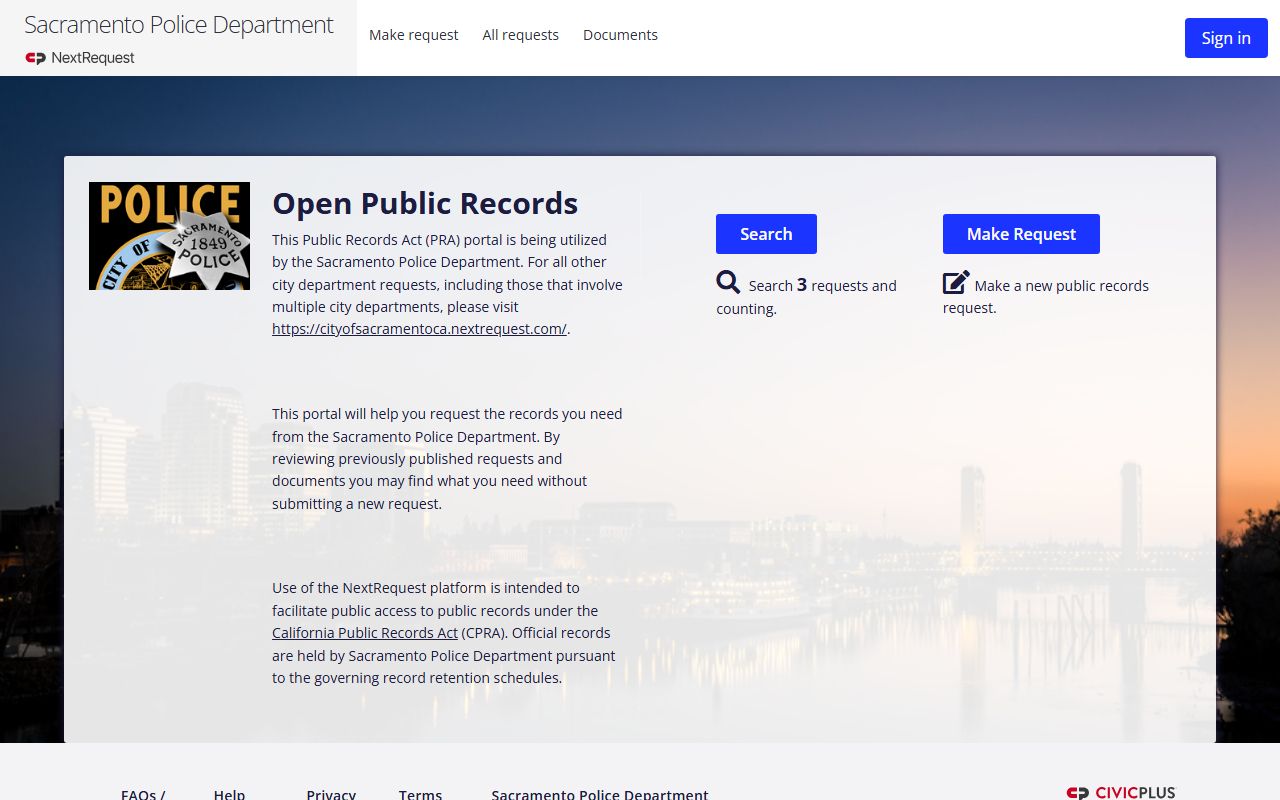 Sacramento Police NextRequest public records portal
