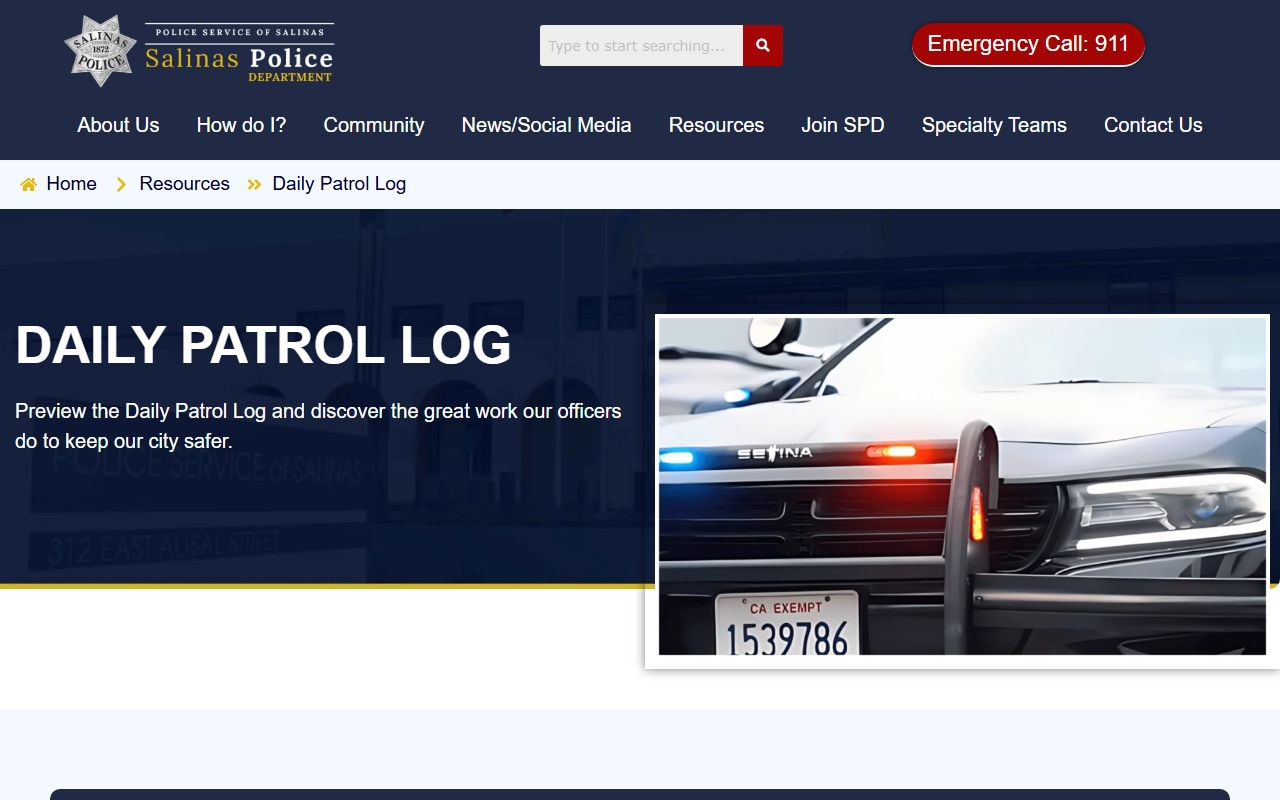 Salinas Police Department daily patrol log page