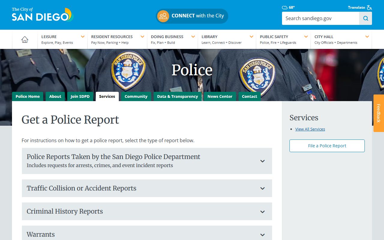 San Diego Police Department records request information page