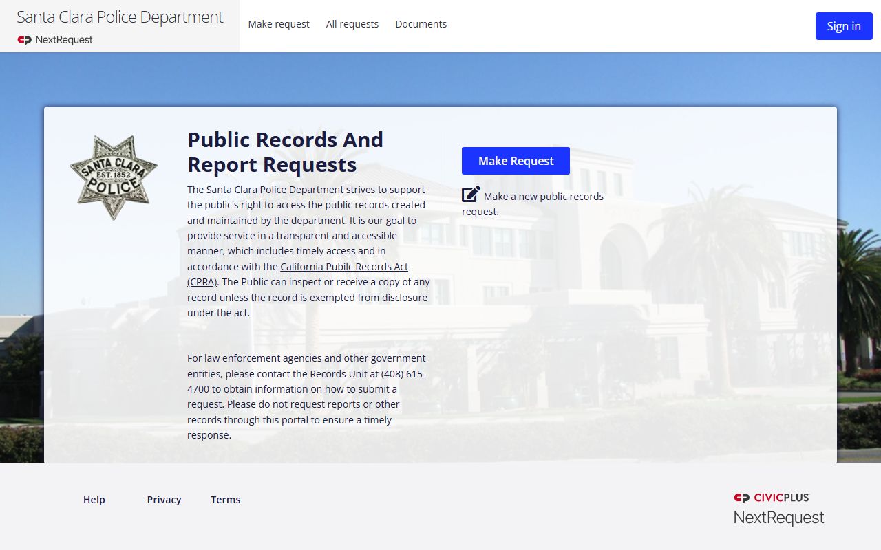 Santa Clara Police Department NextRequest portal for public records