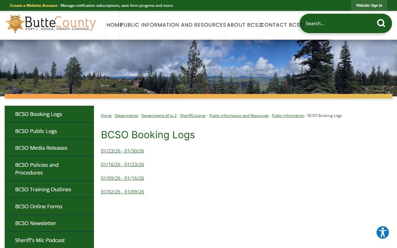 Butte County Sheriff booking logs webpage