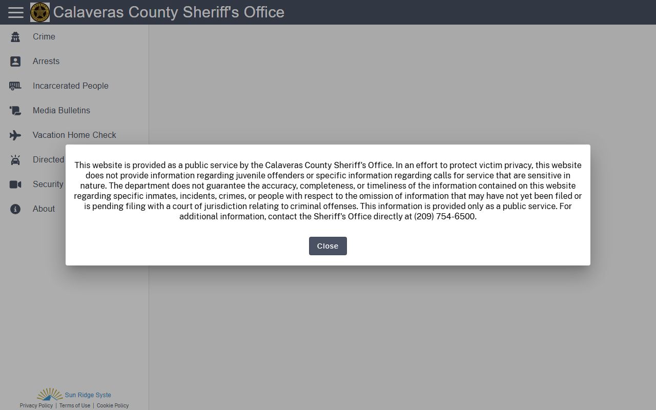 Calaveras County Sheriff jail roster search page