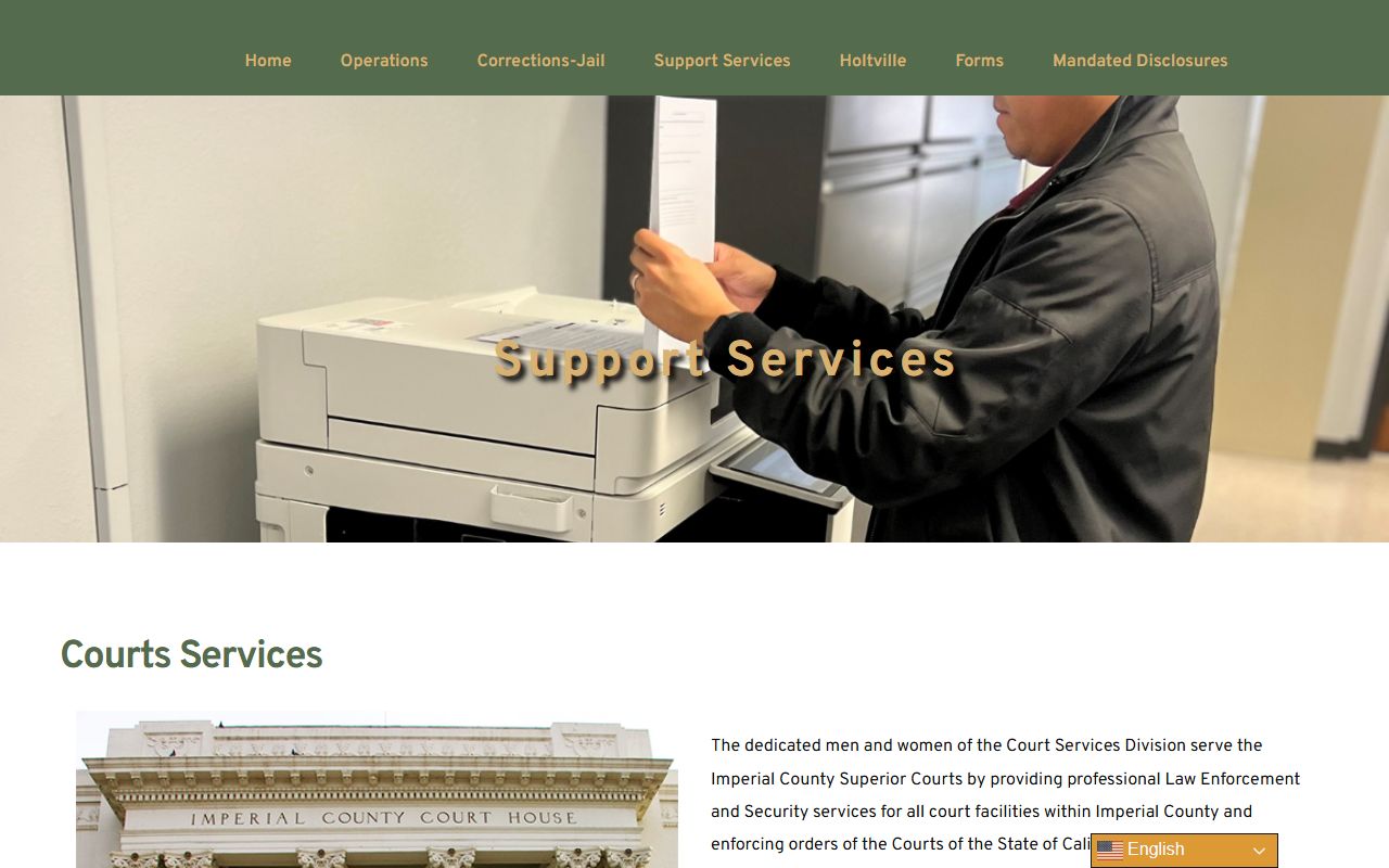 Imperial County Sheriff support services webpage