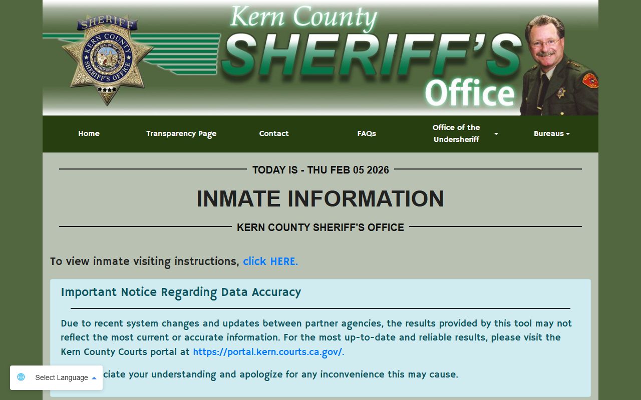 Kern County Sheriff inmate information search page