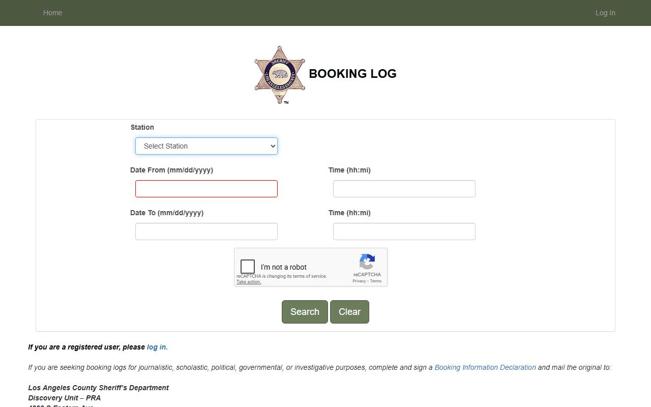 Los Angeles County Sheriff booking log database
