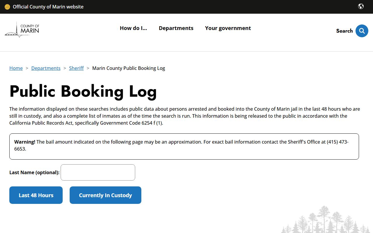 Marin County public booking log interface