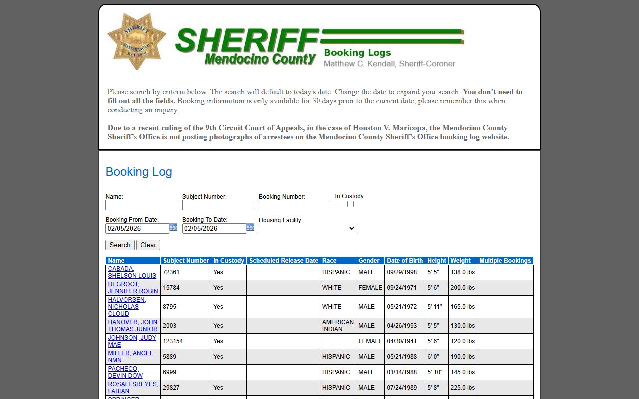 Mendocino County inmate inquiry search interface