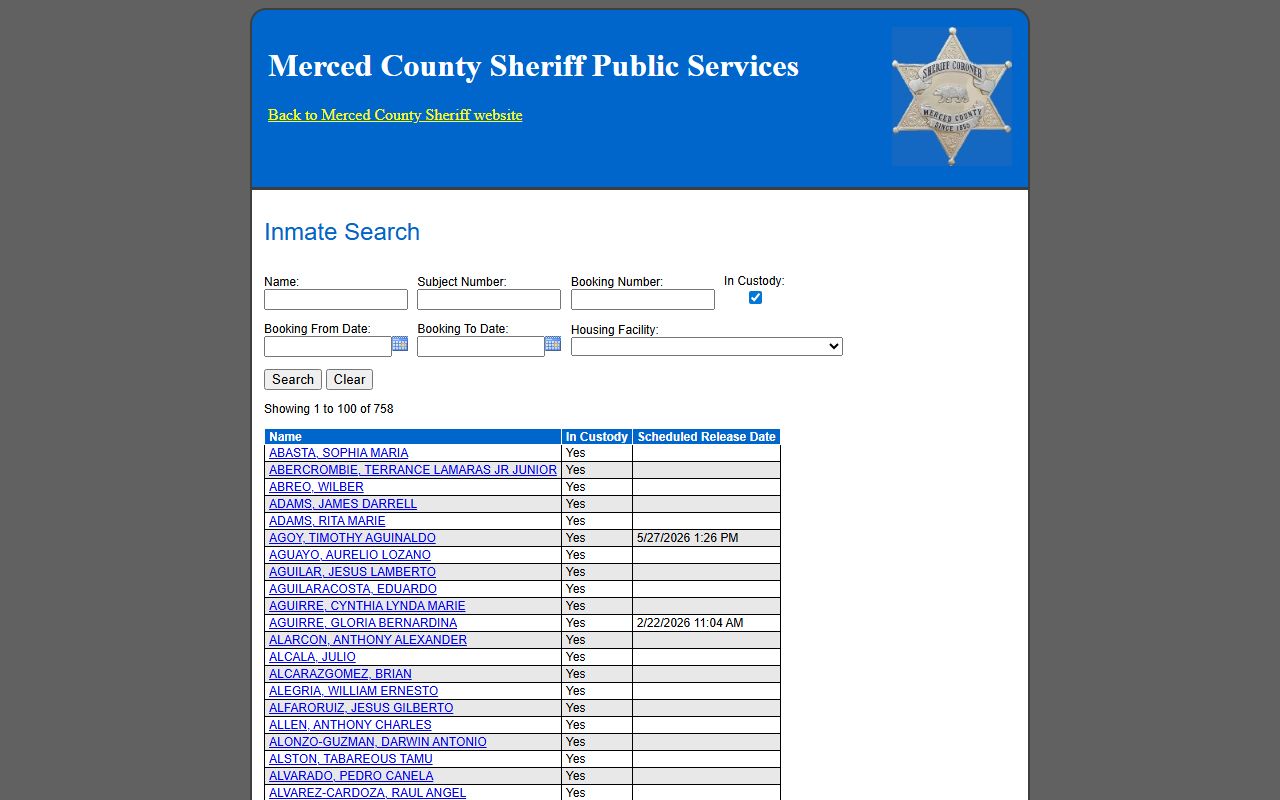 Merced County inmate inquiry search portal