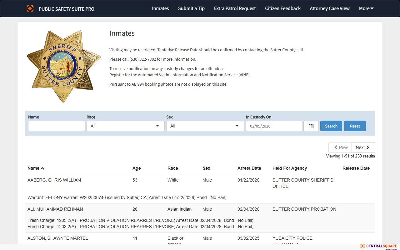 Sutter County Zuercher Portal inmate search interface