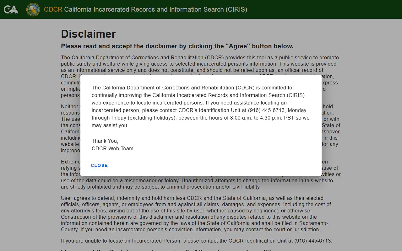 CDCR inmate search database for California prisons