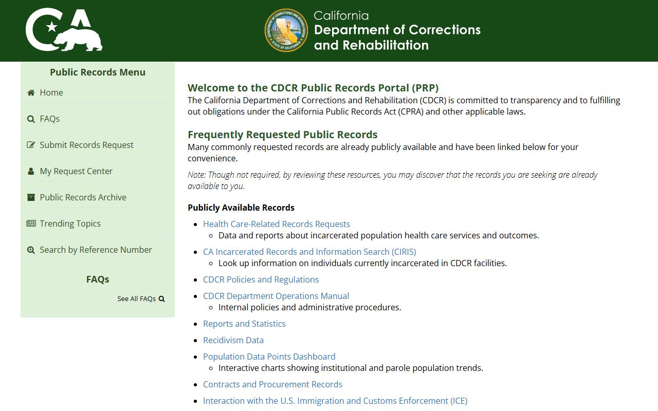 CDCR public records request portal for California corrections records
