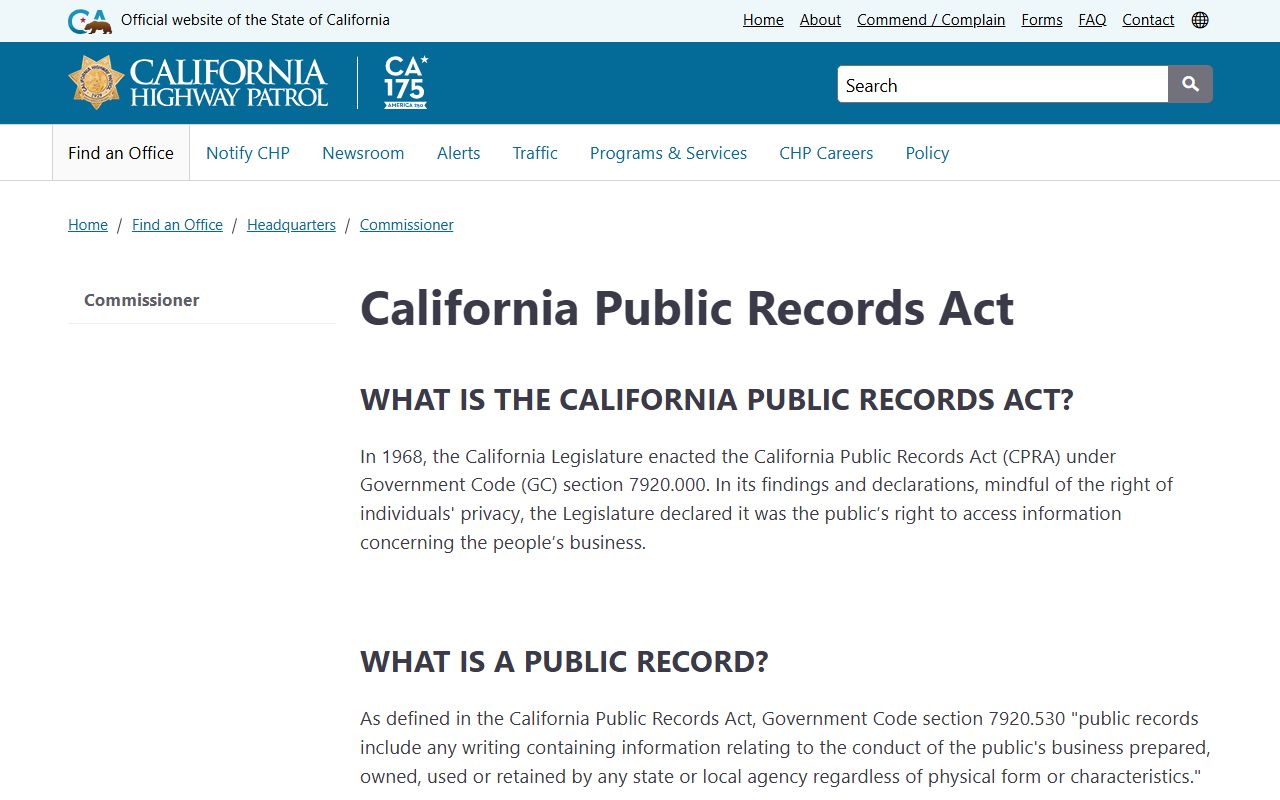California Highway Patrol public records request page